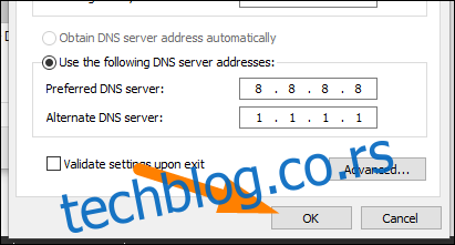 Откуцајте адресе ДНС сервера, а затим кликните 