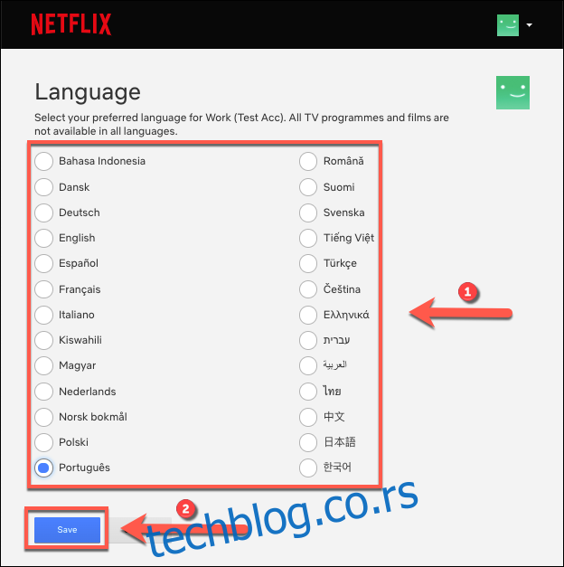 Изаберите нови језик са листе која се појави, а затим кликните 