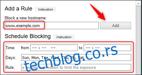 Откуцајте веб локацију коју желите да блокирате у оквир за текст, кликните 